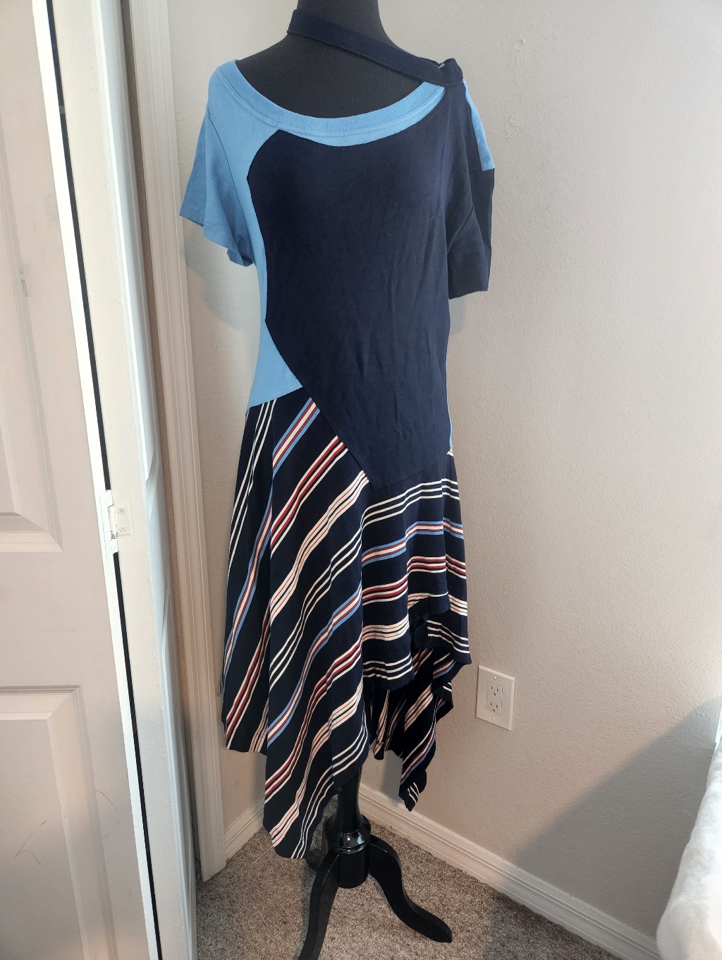 Monse Navy And Light Blue Asymmetrical Striped Handkerchief Dress — image 2 of 8